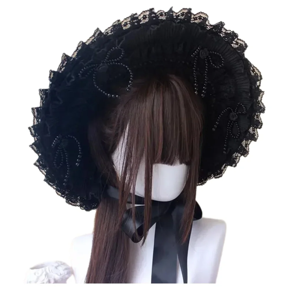 Chapeau plat en dentelle gothique Lolita fait main avec nœud, coiffe pour cosplay Anime Comic Con