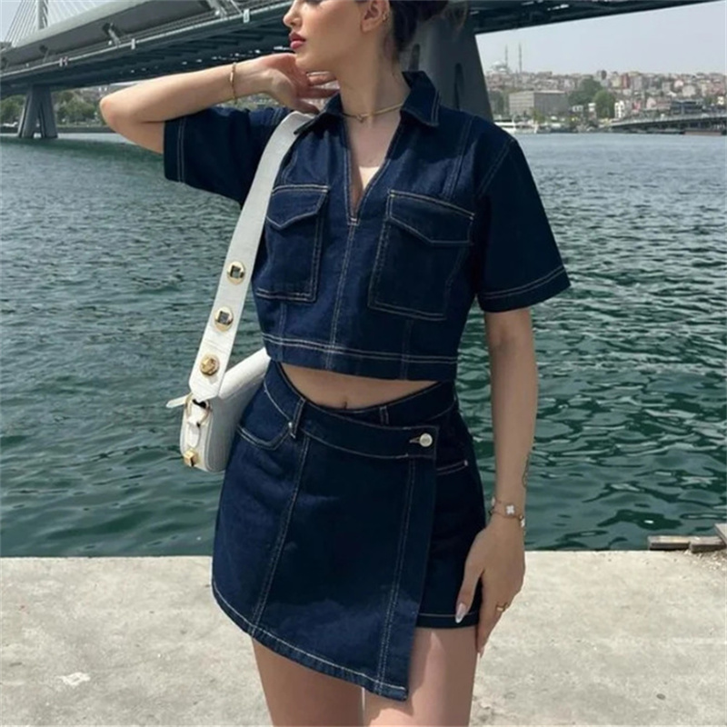MUJER bleu Denim chemise femme à manches courtes chemise courte femmes été hauts courts femme Streetwear Y2k élégant femmes Blouses