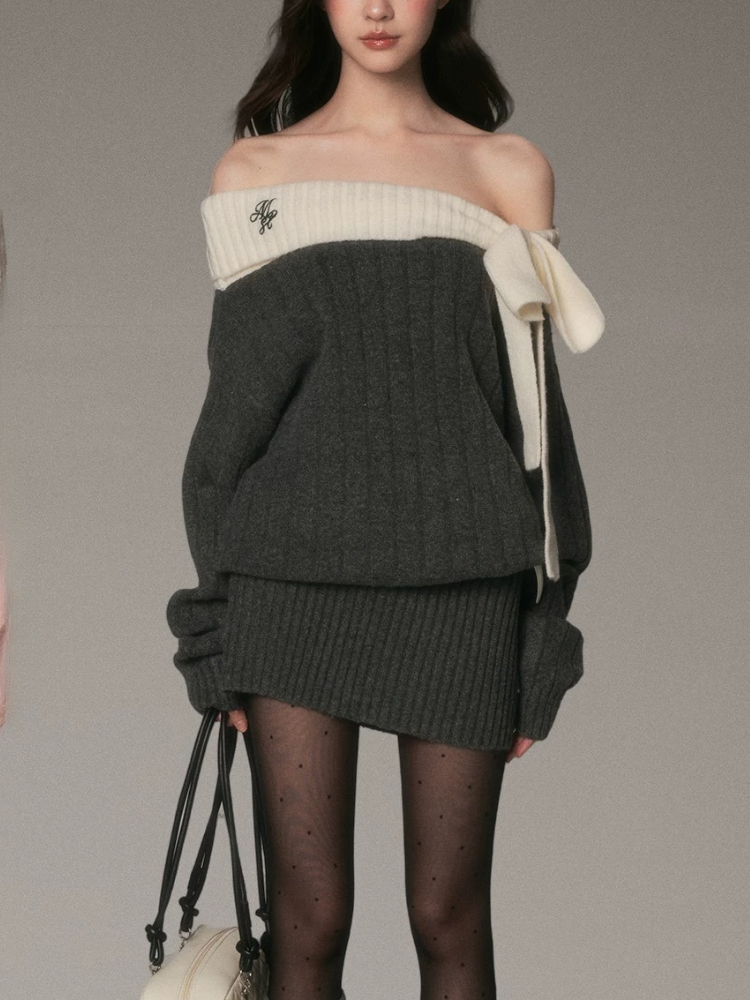 Robe en tricot Vintage pour femmes, épaules dénudées, Style doux, manches longues, Design avec nœud, épais, chaud, élégant, tenue à la mode, automne hiver