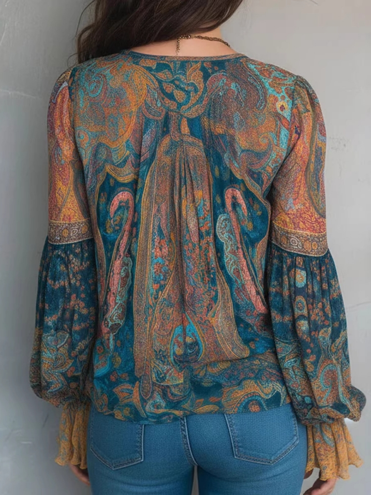 Chemisiers ethniques vintage bohèmes pour femmes, à manches longues et col en V, chemisiers décontractés à volants, chemises à imprimé paisley, t-shirts bohèmes de plage