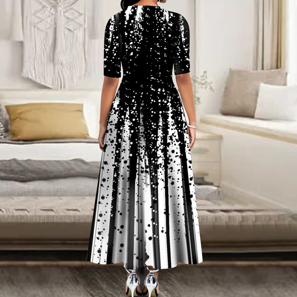 Robe longue de soirée élégante pour femmes, col rond, manches courtes, rétro, imprimé, décontracté, 2024
