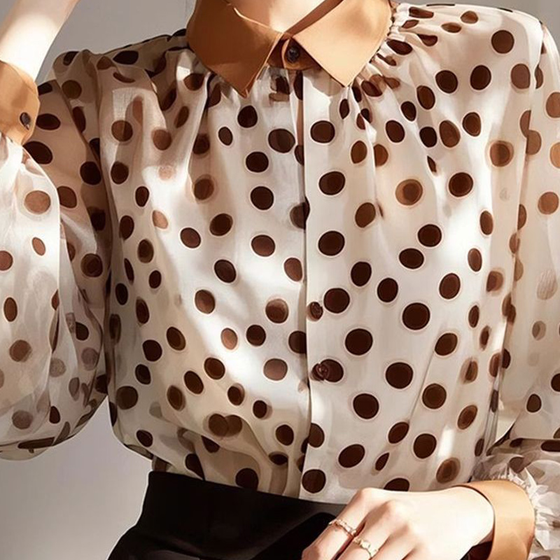2025 printemps été automne nouvelle mode coréenne Patchwork col rabattu chemises dames à la mode à pois à manches longues Blouse