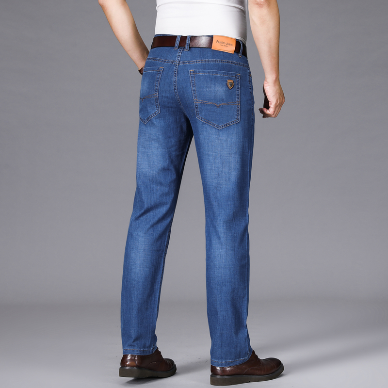 Jean stretch homme d'été, coupe droite décontractée, taille haute, style classique, bleu clair et bleu foncé