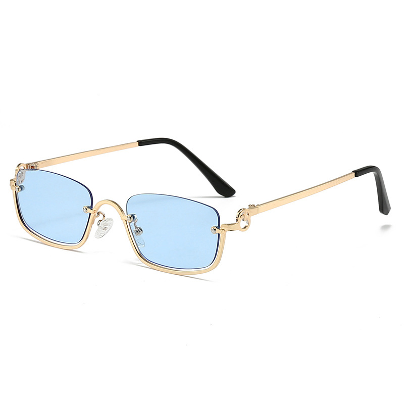 Lunettes de soleil demi-cerclées carrées pour femmes, marque de luxe, petites montures métalliques, style rétro rectangulaire, noires, lunettes de soleil tendance pour femme.