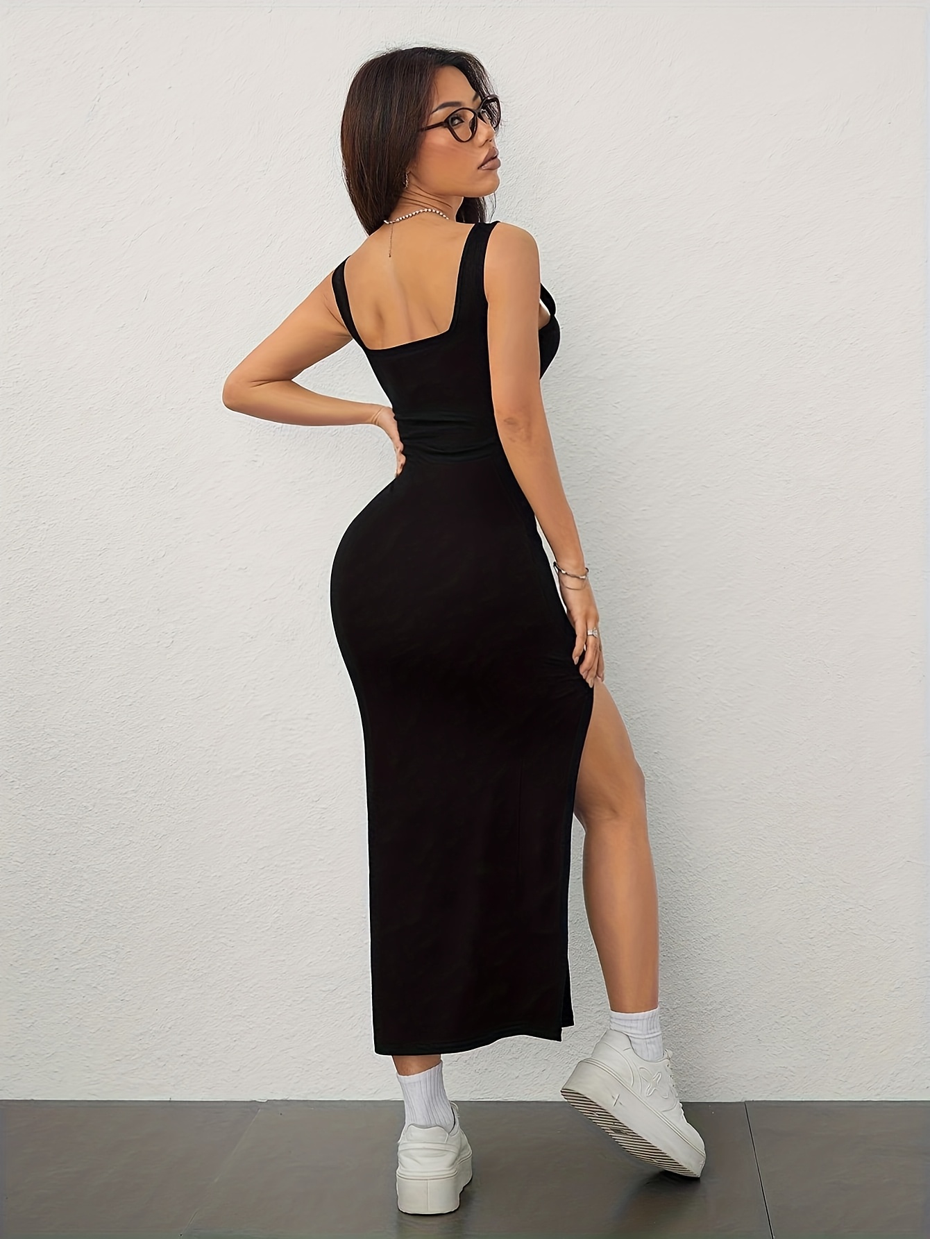 Robe sexy et élégante pour femme, col carré, épaules dénudées, dos nu, fente latérale, bretelles, collection Printemps/Été