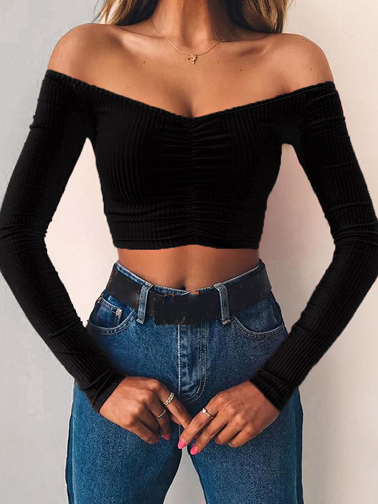 T-shirts pour femmes, sexy et tendance pour les soirées, T-shirt à manches longues, épaules dénudées, couleur unie, T-shirt basique pour femme, automne.