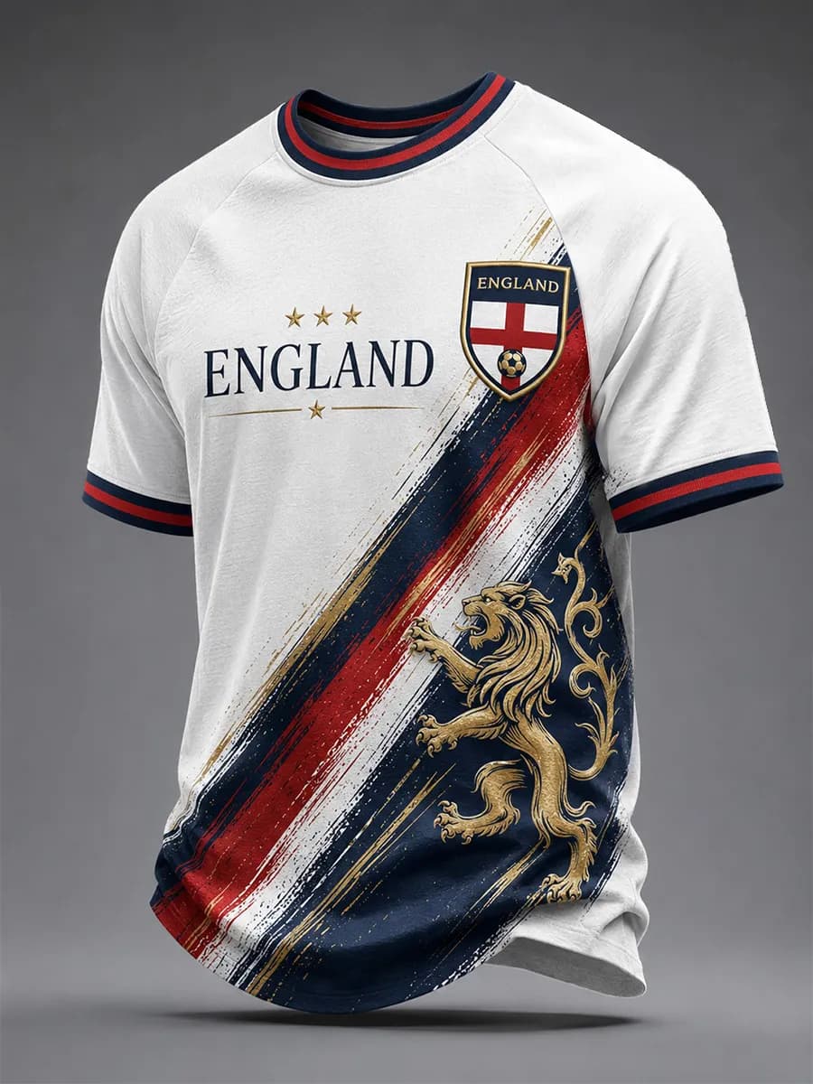 Nouveau Maillot de Foot Homme Angleterre 2026 Col Rond Manches Courtes Rayures Bleu Marine Col et Poignets Rayés T-shirt Sportif National pour Fans