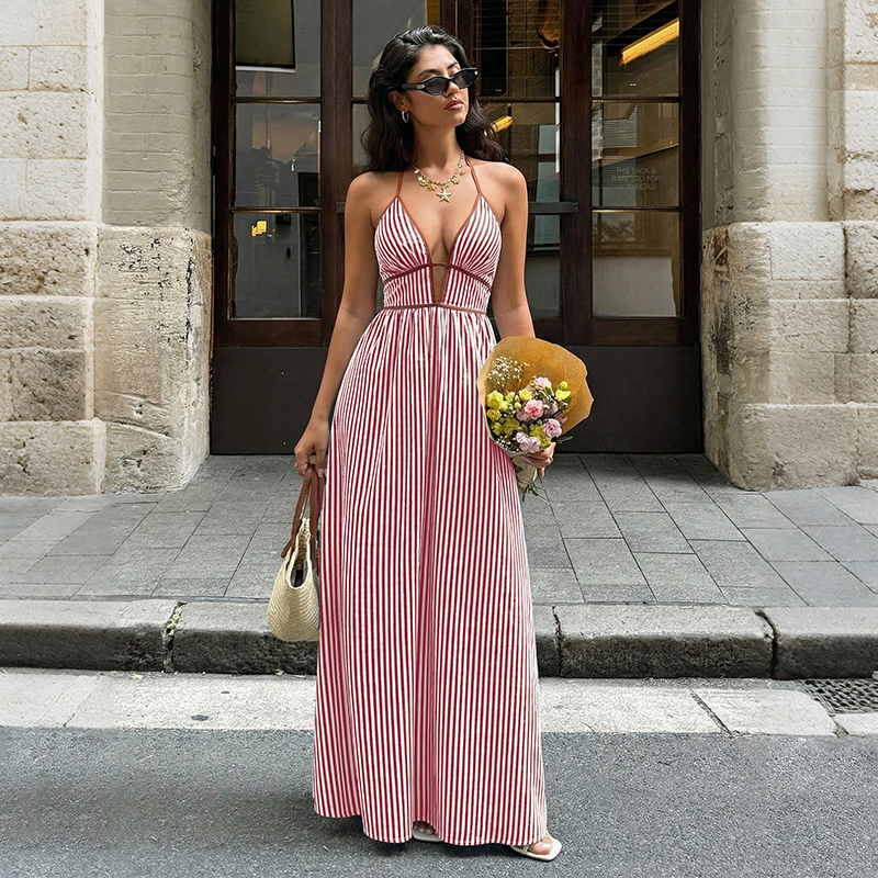 Nouvelle Robe de Plage Rayée à Col en V Profond, Style Été 2026, Robe Longue Sexy Sans Manches et Dos Nu