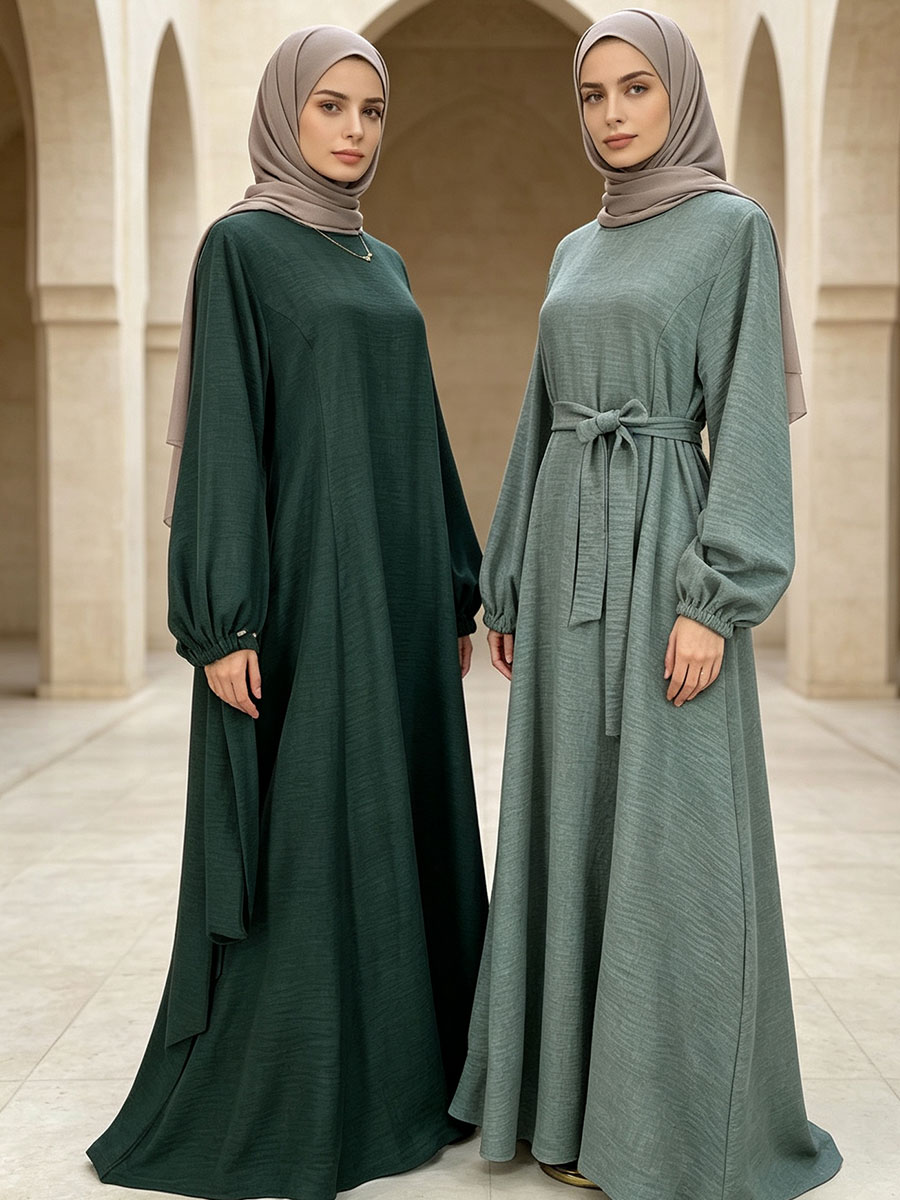 Robe Abaya musulmane pour femmes, robe maxi à manches longues bouffantes avec ceinture, robe de prière islamique modeste, kaftan, tenue pour l'Aïd et le Ramadan