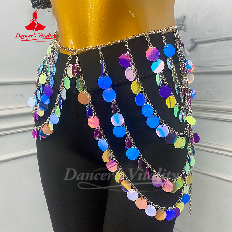 Ceinture de Performance de danse du ventre, paillettes colorées avancées, chaîne de taille à franges, accessoires de pratique de danse orientale pour adultes et enfants