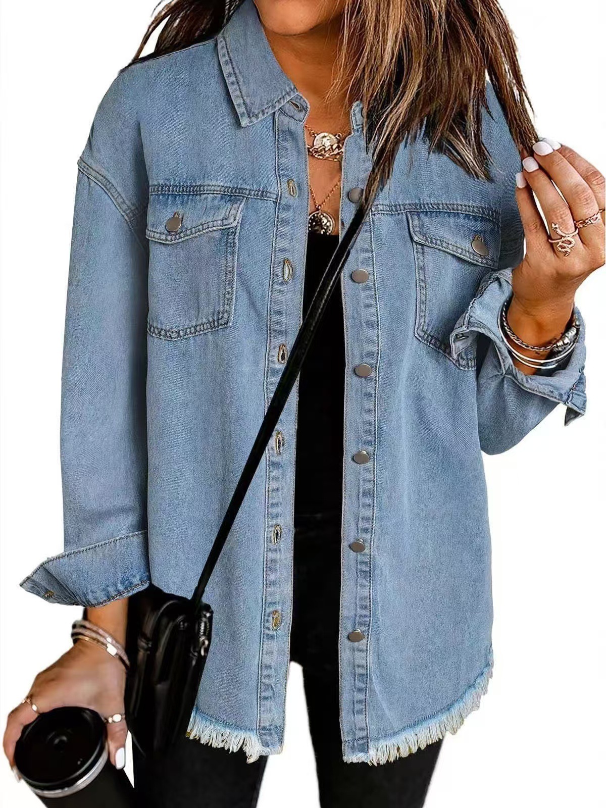 Veste en jean délavé tendance pour femmes, nouvelle collection printemps-automne, bords garnés, coupe classique décontractée pour dames