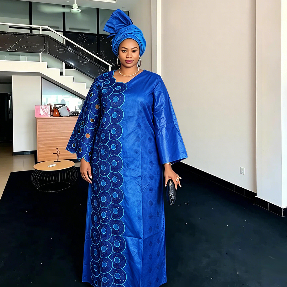 Robes de Soirée et de Mariage Grande Taille pour Femmes Africaines 2026 Nouveauté Dashiki Ankara Broderie Bazin Riche avec Foulard