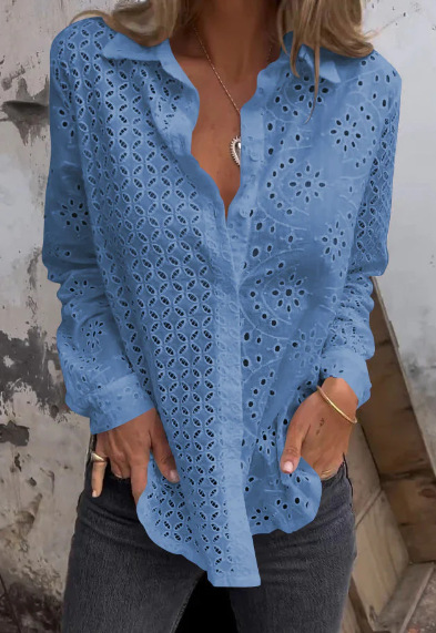 Chemisier en coton à manches longues pour femmes, haut décontracté, broderie florale, dentelle bohème, évider, dames, printemps, automne