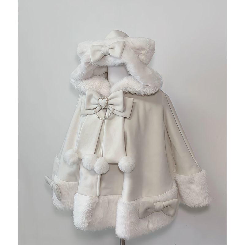 Manteau châle Lolita pour femme, pardessus Design avec nœud, capuche, Patchwork, Kawaii, chaud, Chic, doux, manteau de noël, nouvelle collection hiver 2025