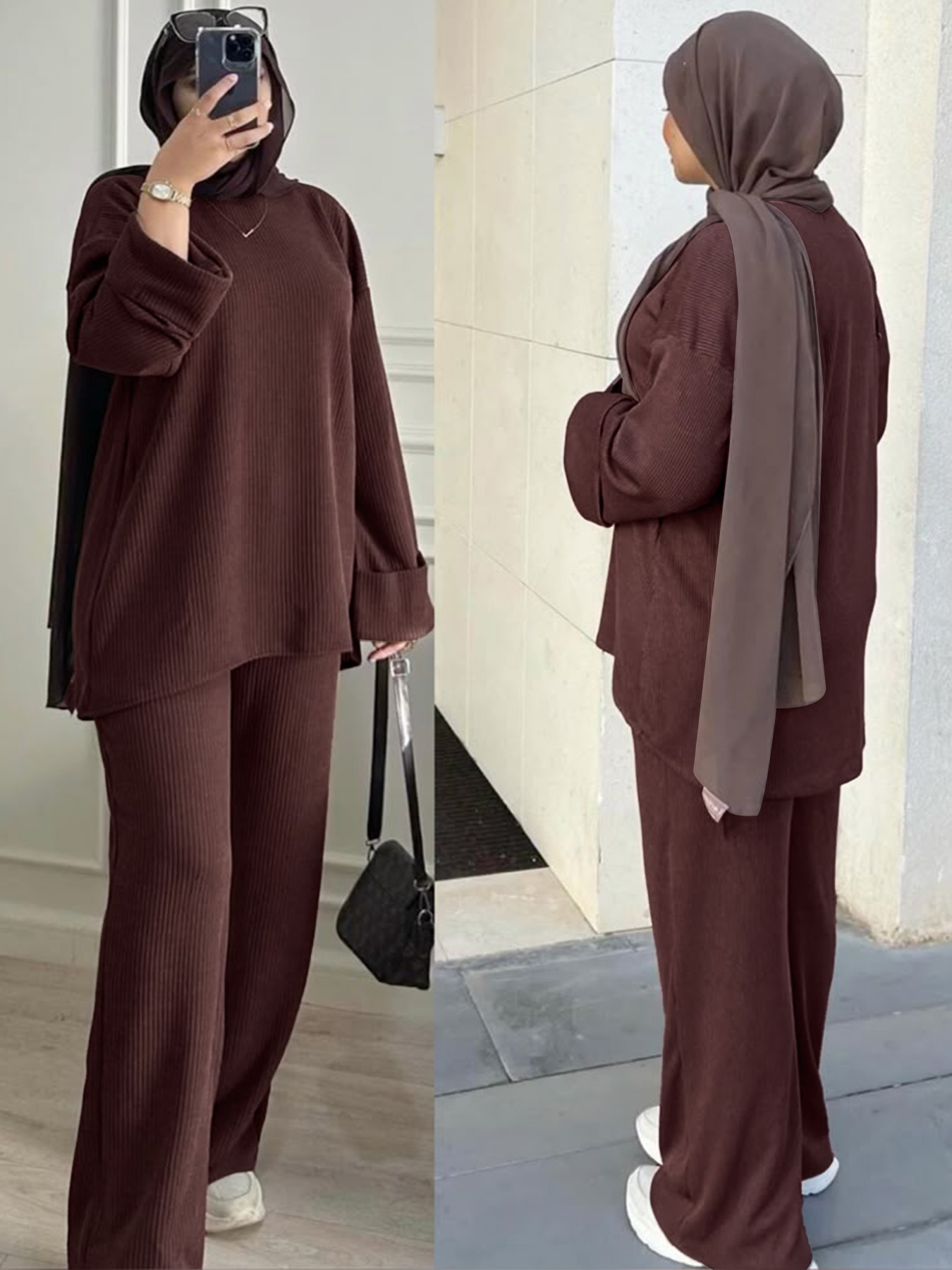 Ensemble tunique et pantalon marron ample à rayures verticales en maille pour femme, style modeste, mode musulmane