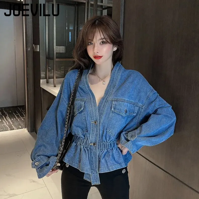 Veste en Jean Plissée à Col en V pour Femme, Manteau Slim, Mode Coréenne, Chemise Irrégulière Personnalisée, Denim Décontracté, Automne