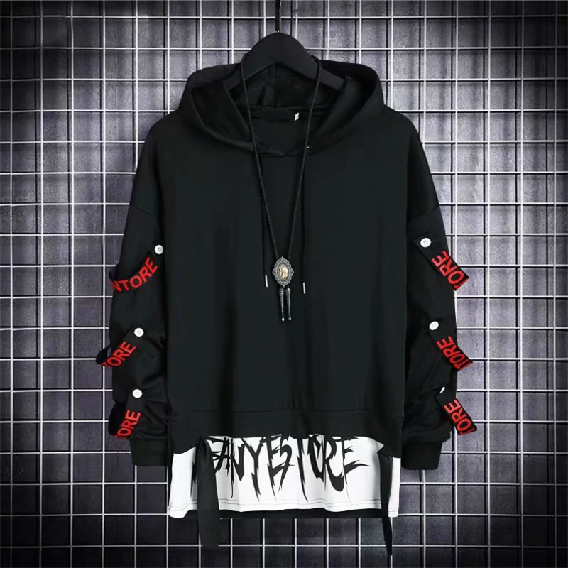 Sweat-shirt à capuche décontracté pour homme, style Techwear Hip Hop Harajuku avec patchwork de rubans, streetwear japonais, Darkwear