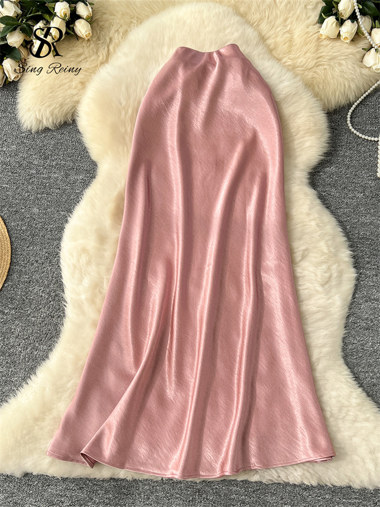SINGREINY Senior solide Satin jupe taille élastique 2025 plus récent Frence élégant femmes mode bases bureau dame maigre jupe Midi