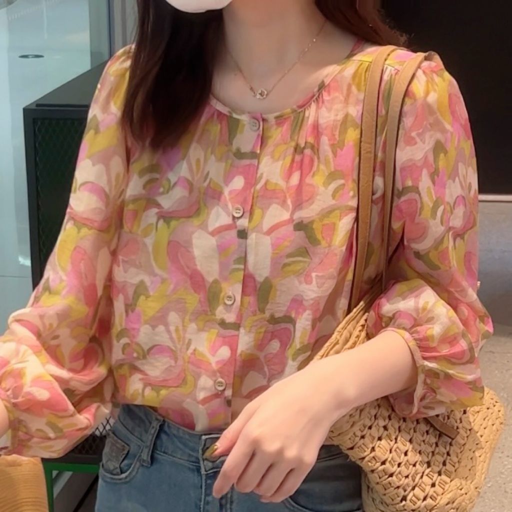 Chemise à manches longues en mousseline de soie pour femmes, motif Floral, décontracté, ample, à la mode, nouvelle collection printemps et automne 2025