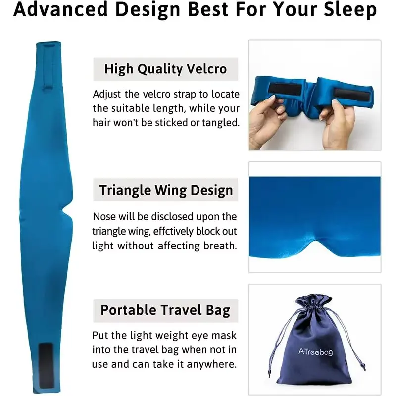 Masque de sommeil en soie doux et sans pression, 100% soie de mûrier pour les yeux et la peau, anti-rides, avec large bande Velcro réglable pour les oreilles