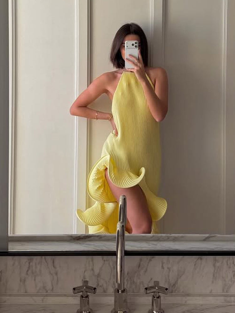 Robe Midi Élégante Sexy à Col Halter, Volants, Plis et Fente, Robes de Soirée, Jaune, Rose, Bleu, Nouveauté Été, Cocktail, Vacances