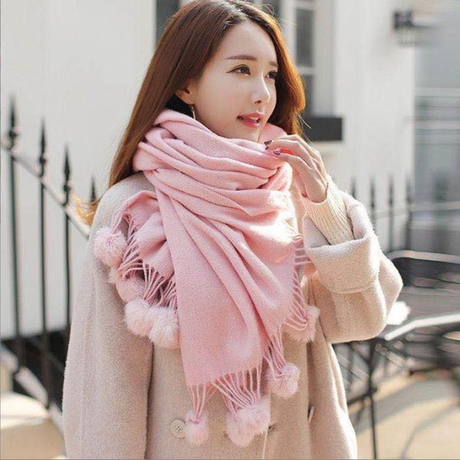 Écharpe châle en cachemire de haute qualité pour femme avec pompon en fourrure de lapin, pashmina surdimensionnée, poncho, hijab, couverture, cachecol pour l'hiver