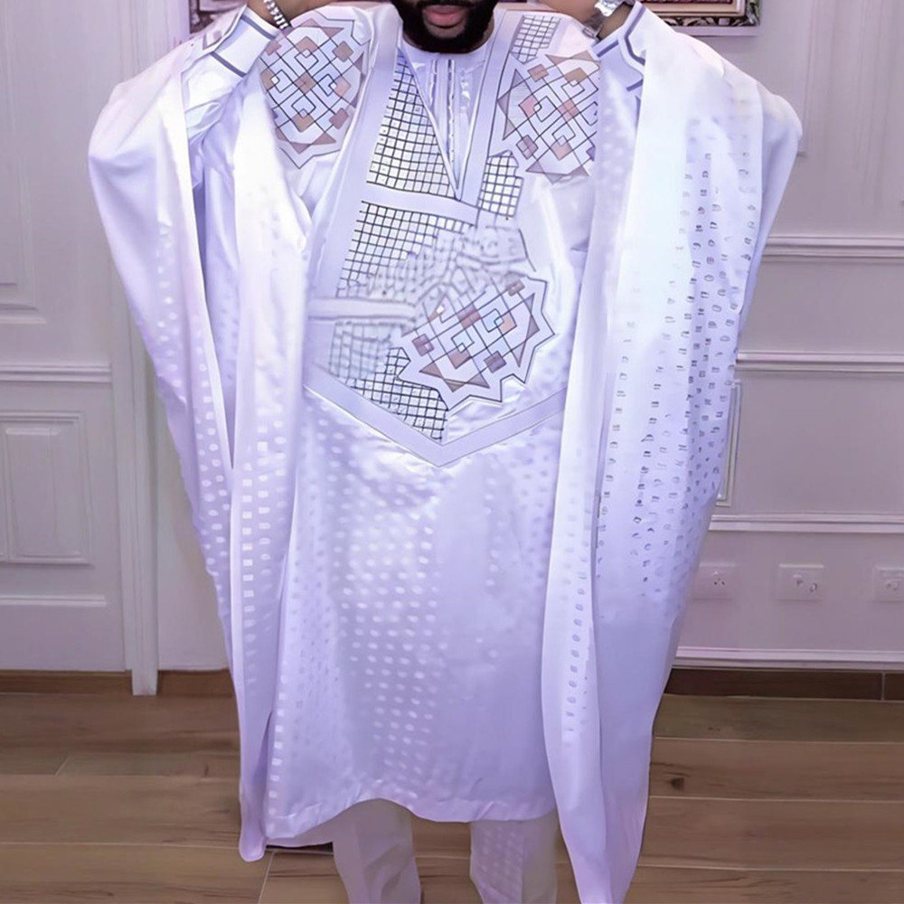 Ensemble de 3 pièces de vêtements africains pour hommes, tenue traditionnelle Dashiki, robe brodée, hauts et pantalons, costumes Bazin, vêtements de mariage musulman