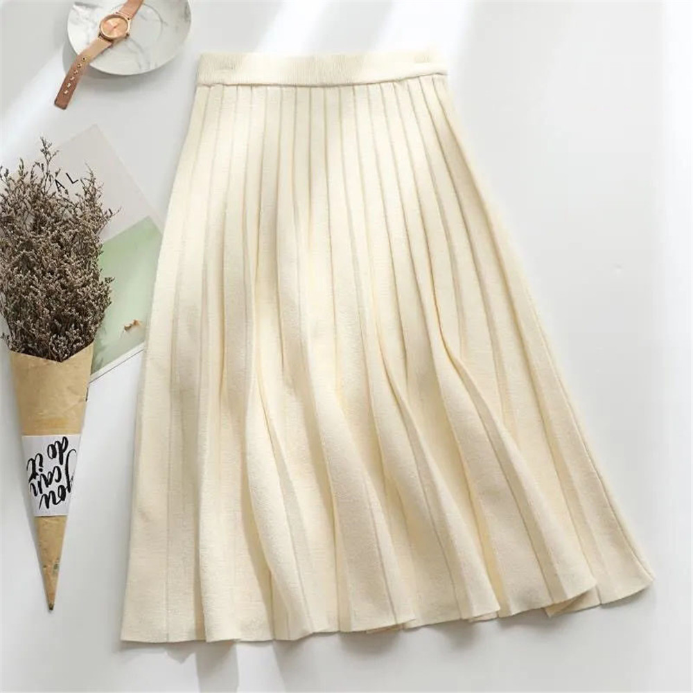 Femmes tricoté Jupe Midi élégant noir a-ligne taille haute plissée Jupe longue coréenne 2021 printemps automne hiver Faldas Femme Jupes
