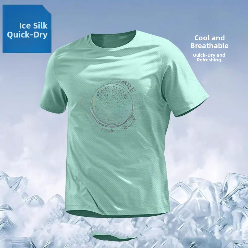 T-shirt sportif ample à manches courtes en soie glacée pour homme, respirant, en maille, séchage rapide, protection solaire estivale, style urbain tendance, poly…