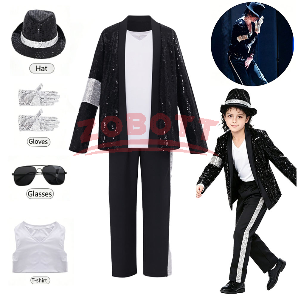 Costume de Michael Jackson pour adolescents, cosplay, danse, costume noir, danse disco, vêtements d'Halloween, tenue de scène scintillante