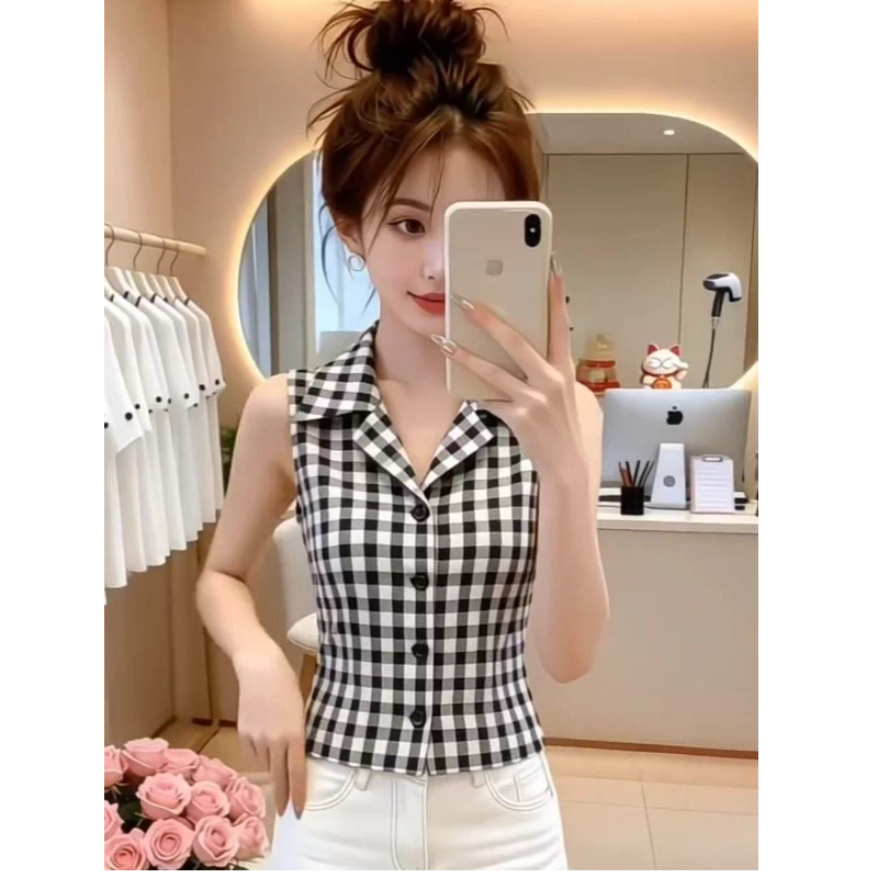 Nouvelle Collection Été Femme : Blouse Chic Sans Manches à Carreaux, Col Polo Boutonné, Coupe Slim, Tendance Mode