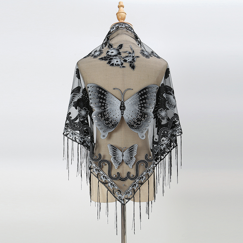 Écharpe en dentelle papillon imprimée pour dames, châle à pampilles triangulaires, écharpes brillantes pour documents solides, cape de mode élégante, été, 150x65cm