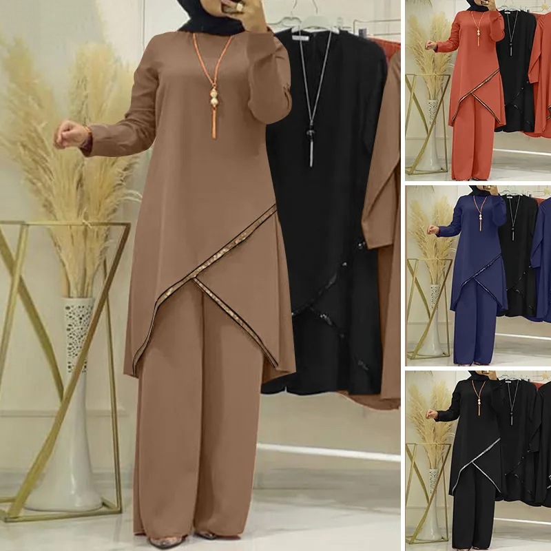 Ensemble musulman Eid pour femmes, chemisiers solides, pantalons à jambes larges, Ramadan marocain, deux pièces, Kaftan de dubaï, ample et modeste