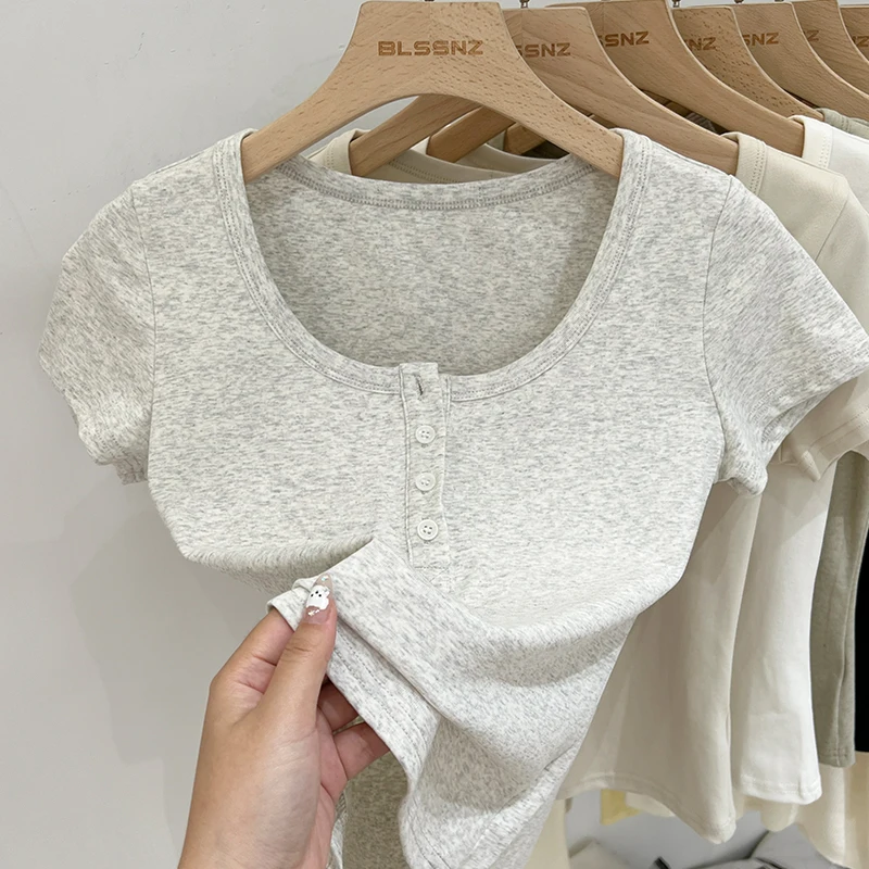Femmes T-Shirt bouton T-Shirt femme vêtements hauts coton mince T-Shirt femme à manches courtes haut été T-Shirt Sexy Canale Y2k