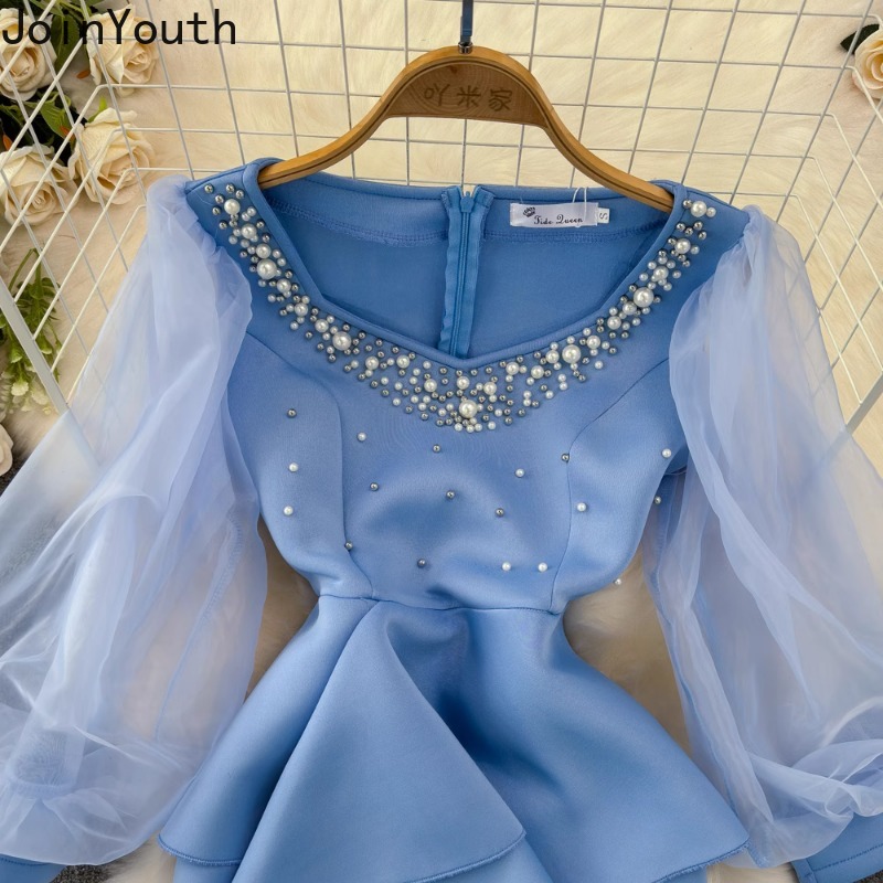 Robe De soirée en gaze pour femmes, manches lanternes, col carré, perles, fendue, 2025