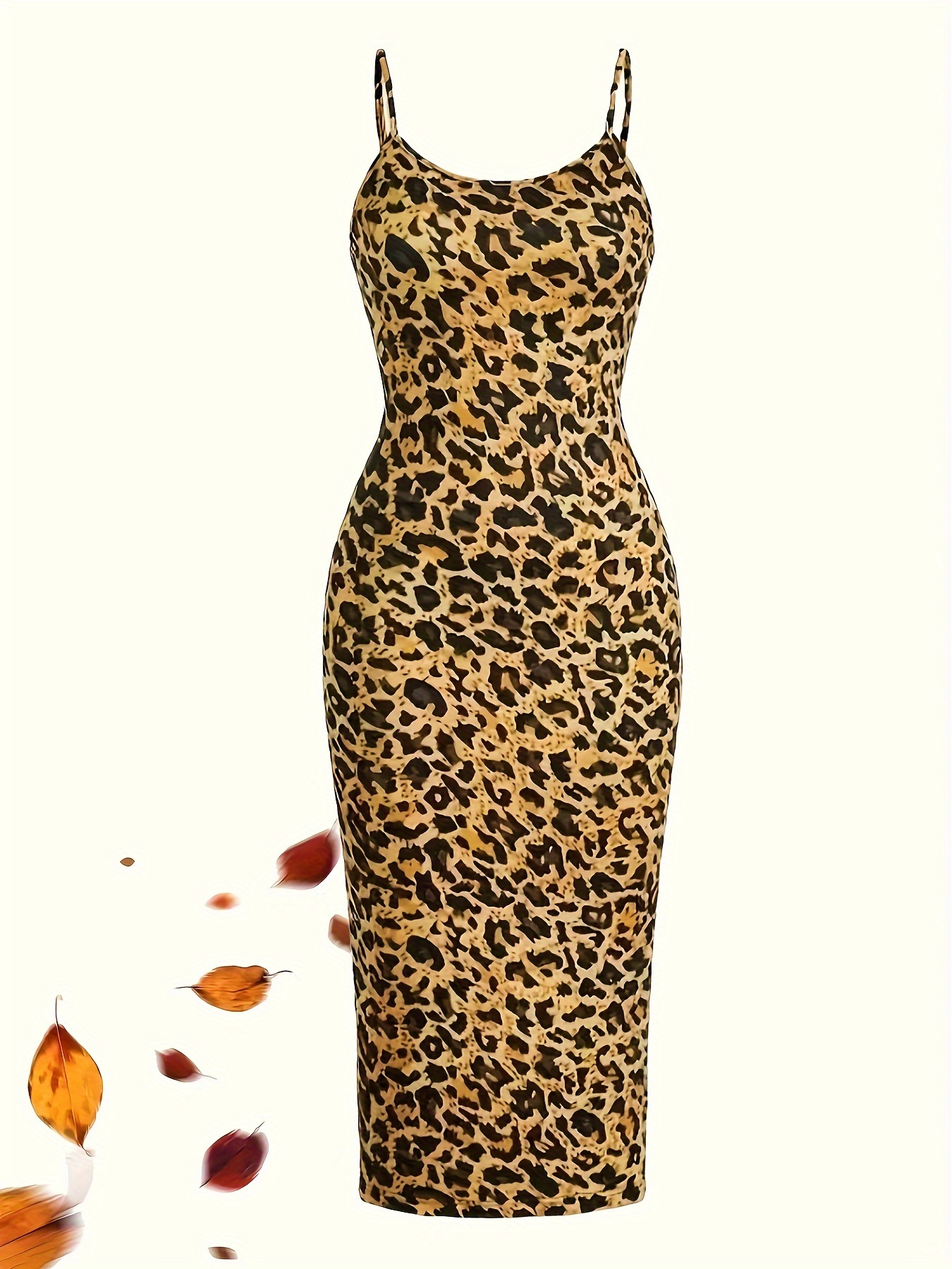 Robe longue moulante pour femme à imprimé léopard, col carré, bretelles spaghetti, sans manches, style crayon, pour soirée et club