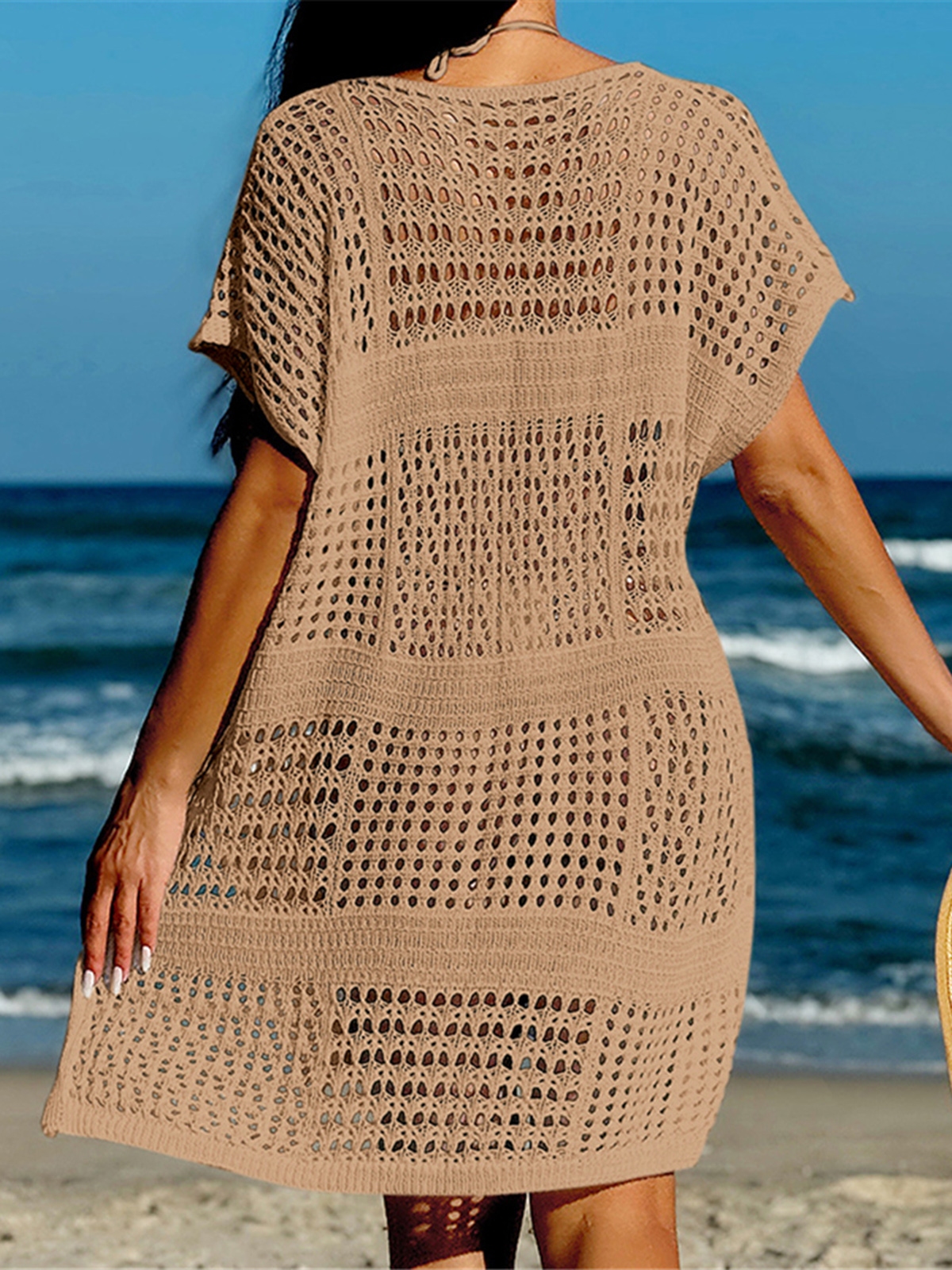 Robe de plage sexy à manches courtes pour femmes, tunique ajourée au crochet, cover-up, vêtements de plage, K5580