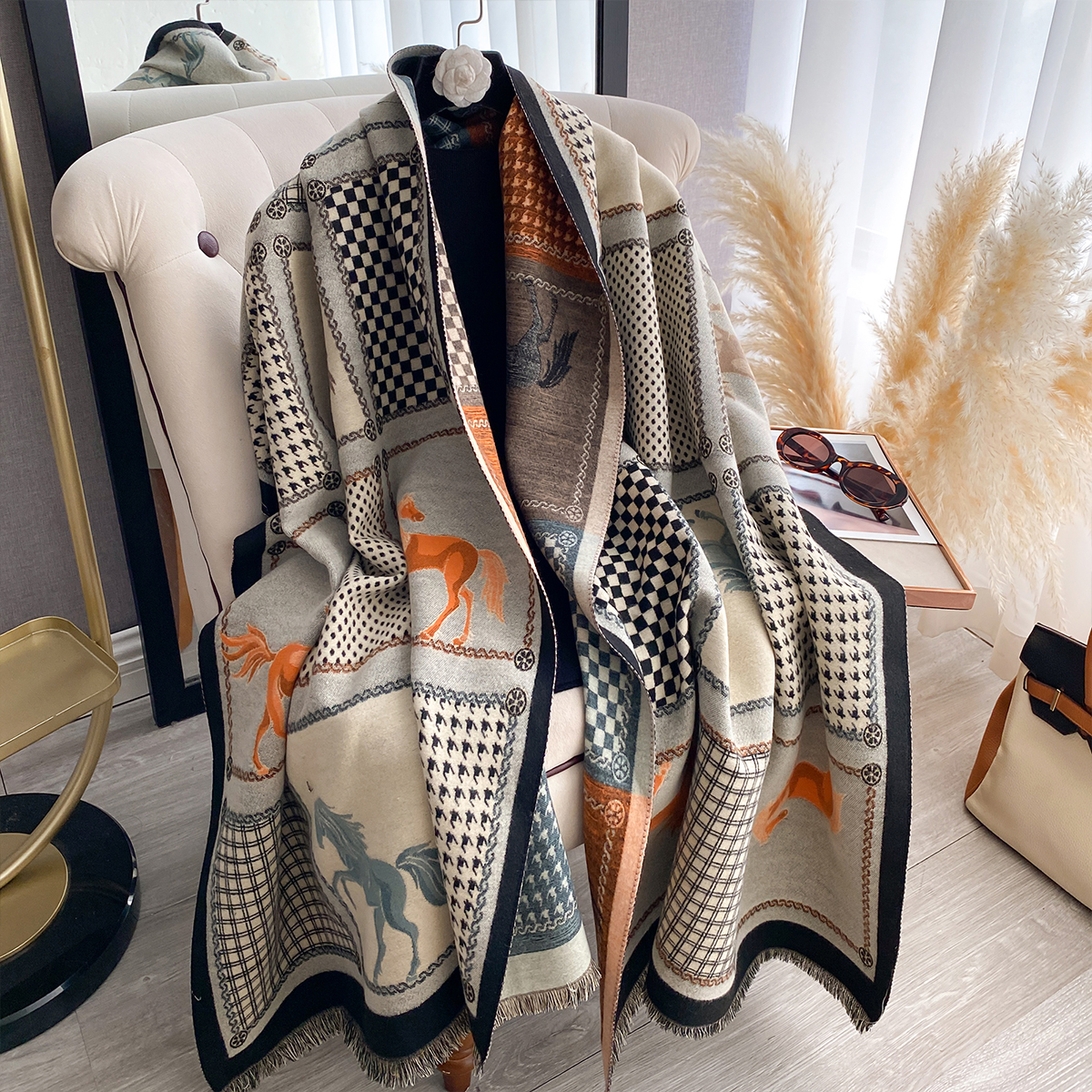Écharpe imprimée cheval double face en Imitation cachemire pour femme, châle Pashmina doux et chaud, couverture coupe-vent résistante au froid, nouvelle collection automne hiver