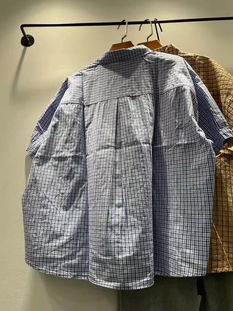 Buste 136 cm vêtements d'été grande taille hauts coton à volants chemises à carreaux bleus chemisiers à manches courtes vêtements pour femmes de style coréen
