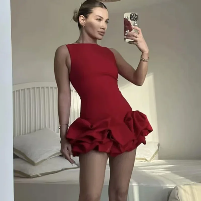 HXAO Robe femme rouge robes courtes à volants dos nu noir blanc Mini robe robes de soirée sexy