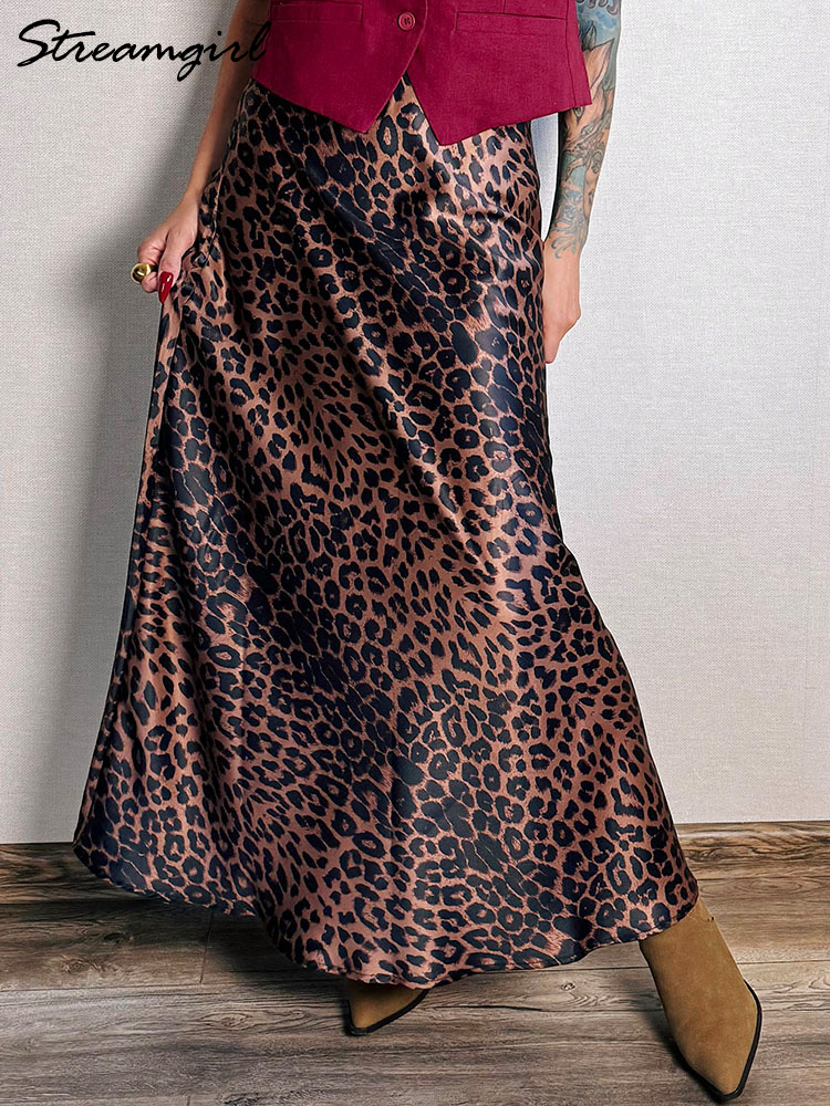 Jupe longue léopard en Satin pour femmes, jupe de luxe, ligne A, taille haute, marron, Maxi, printemps été, 2026