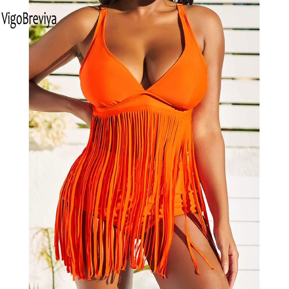 VigoBreviya 2026 Maillot de bain femme sexy à col en V, à bretelles et à pompons, bikini taille haute push-up, pour l'été et la plage
