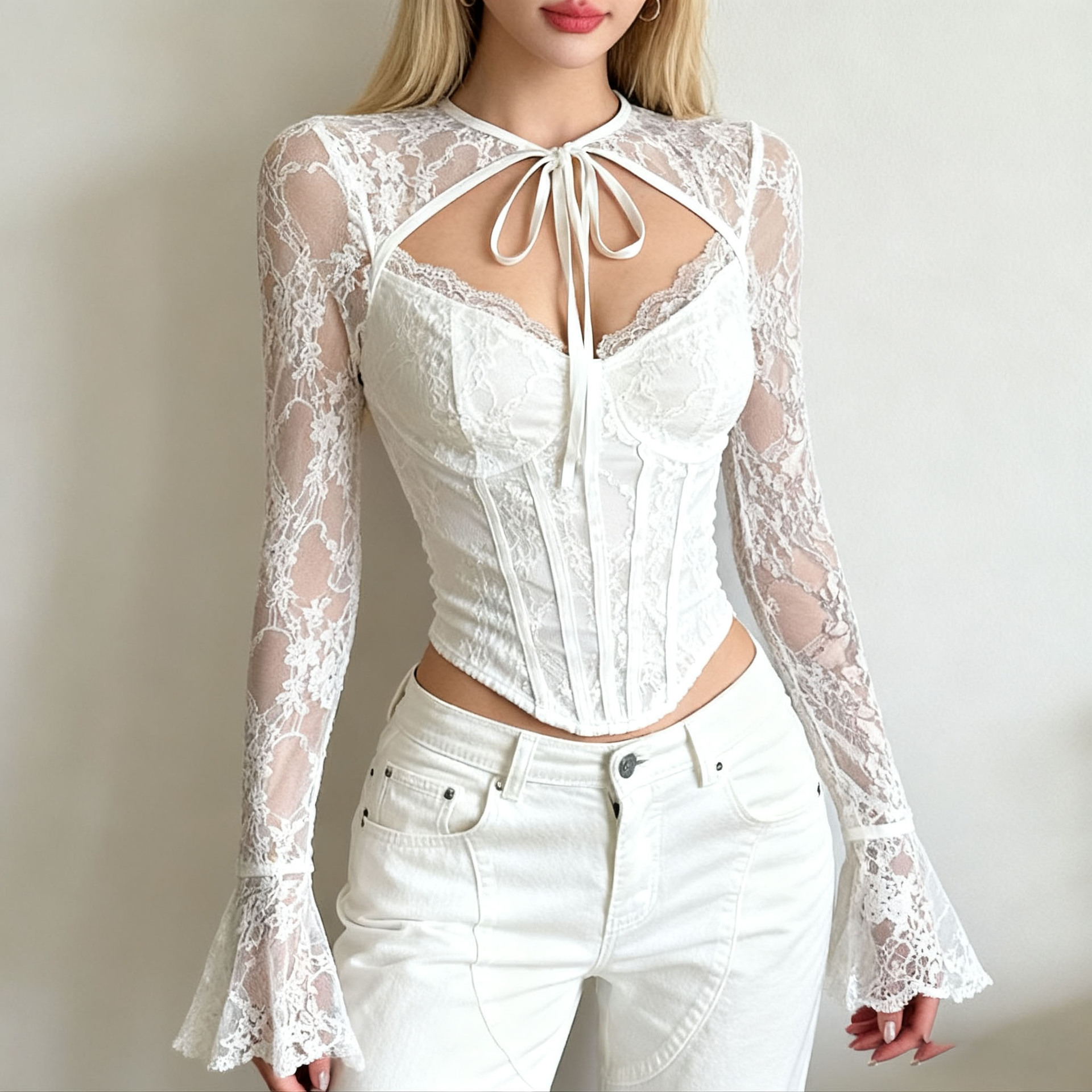 Chemise à manches longues en dentelle pour filles, douce et épicée, Design Sensation, coupe cintrée, haut court ajouré, chemise de Base transparente