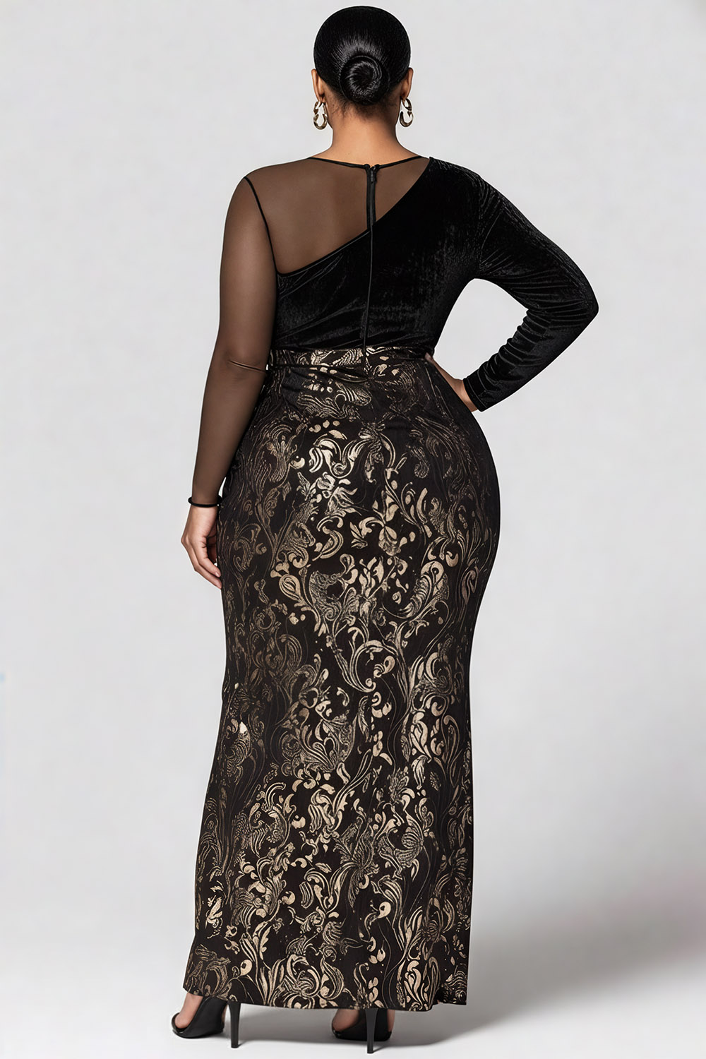 Grande taille formelle noir partout imprimé col rond manches longues contraste élégant fendu velours Maxi robes