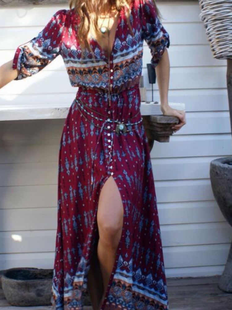 Boho robe imprimée dame mode Vintage col en V trois quarts pull robes pour femmes élégant vacances plage femmes vêtements nouveau