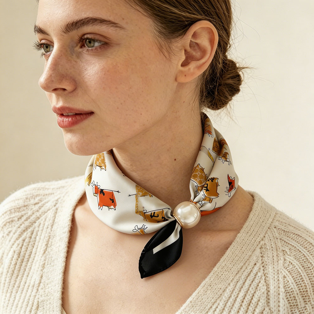 Foulard de mode en soie avec chaîne de cou à boucle, pendentif magnétique fin en perles, foulard de tête, foulards femme de marque