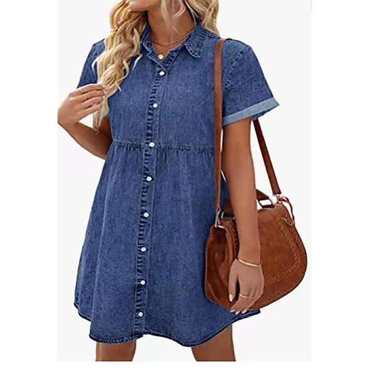 Robe chemise en jean pour femmes, manches courtes, col rabattu, en jean, simple boutonnage, haut décontracté, bord à volants