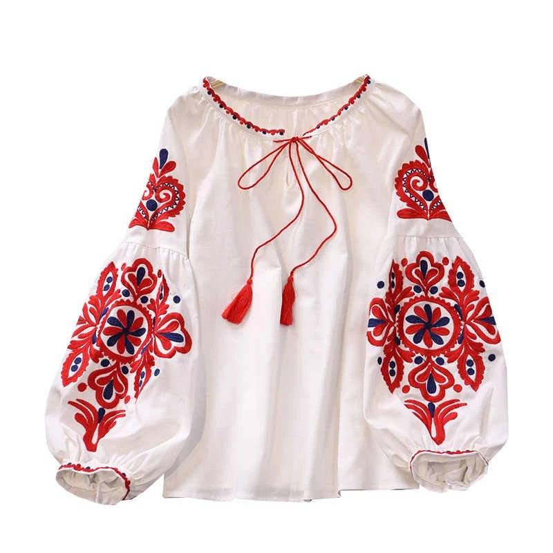 Chemisier rétro brodé à lacets pour femmes, style national, pompon, col en V, manches lanterne, tout match, femme, Y-adt, PL536