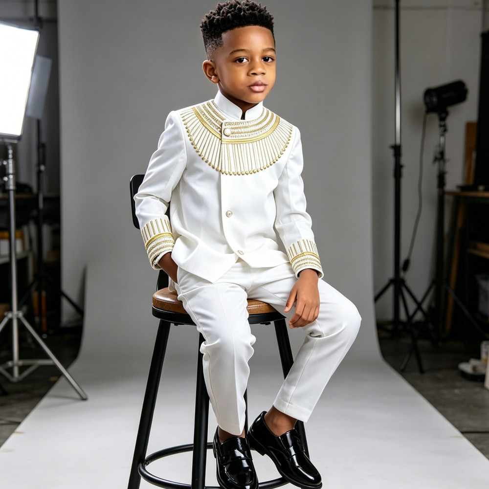 Ensemble de 2 pièces de vêtements africains pour enfants, costumes pour garçons, veste Ankara Dashiki, haut brodé à boutons et pantalon, tenues de mariage pour enfants