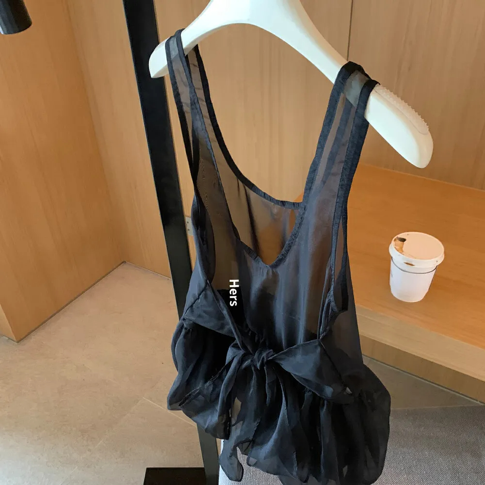 Nouveau débardeur style français à lacets, polyvalent, en maille, coupe ajustée, décontracté, élégant, avec effet froncé, pour superposition féerique